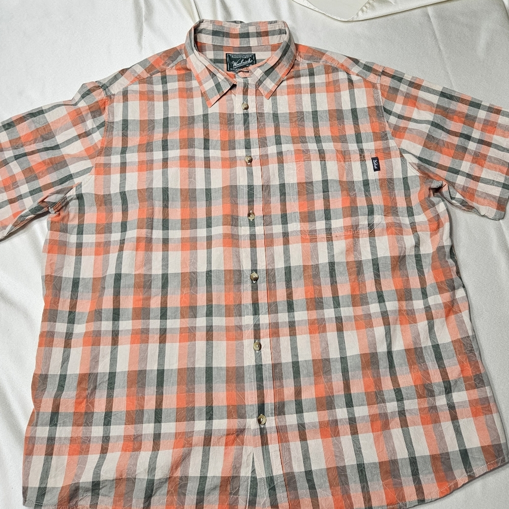 Woolrich Mens XXL Orange Green Plaid Short Sleeve Button Up Shirt 6245